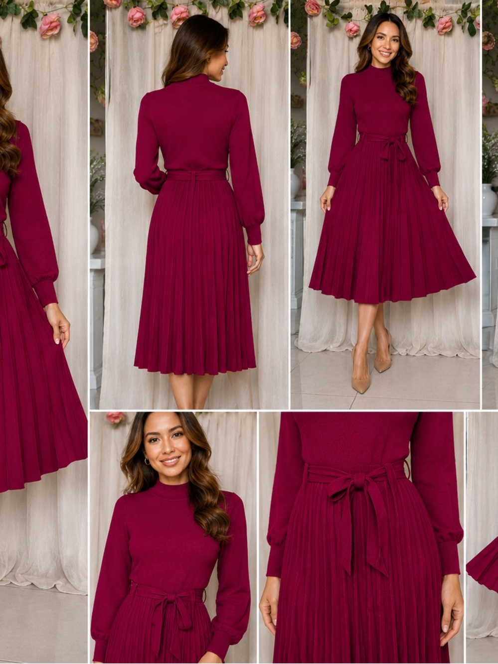 Nina Leonard Wine Red Pleated Midi Dress